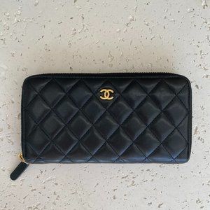 Chanel Lambskin Quilted Large Gusset Zip Around Wallet Black